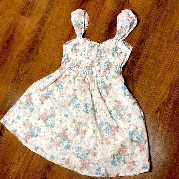 🎀 Blue & Pink Floral Babydoll Dress w/ White Floral Embroidery Overlay 🎀 NWT - Picture 9 of 11